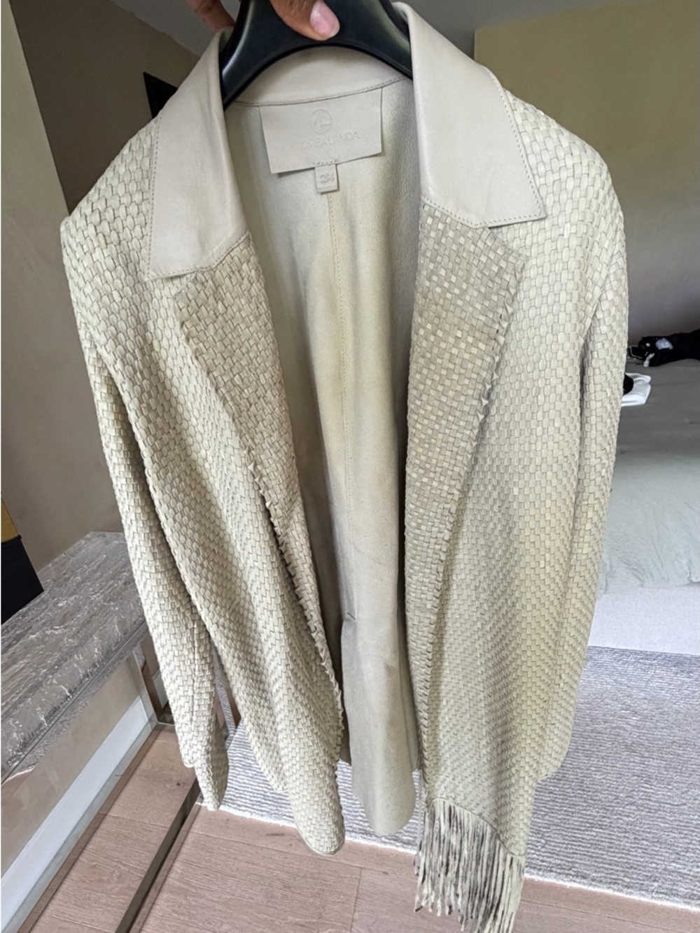 Andrea Landa Woven Leather Jacket – Ivory – Fringe Detail